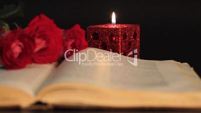 book, candle and red roses.