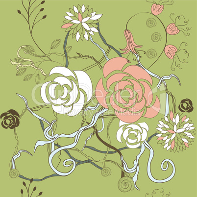 seamless pattern with rose on green background