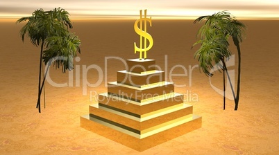 Yellow dollar on a pyramid in desert