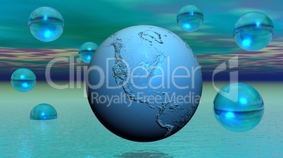 Blue earth surrounded by bubbles