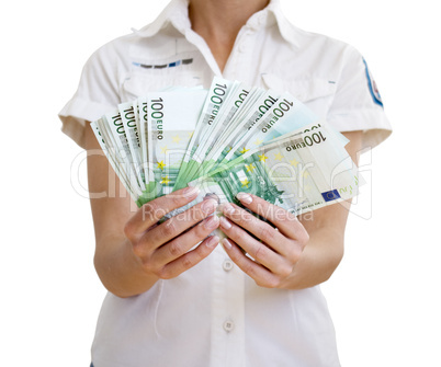 Woman holds in hands of euro