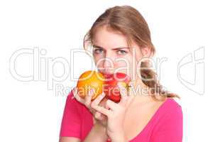 girl with apple and orange