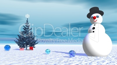 Smiling snowman near fir tree and gifts