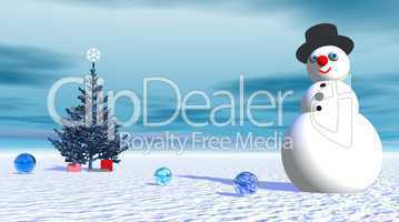 Smiling snowman near fir tree and gifts