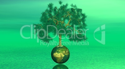 Tree on earth in green background