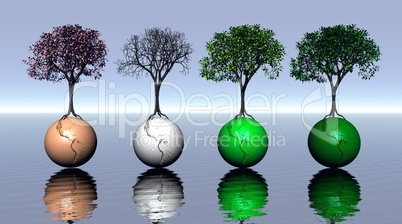 Four colored trees and earth on water