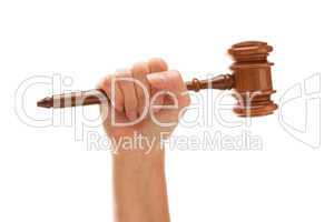 Woman Holding Wooden Gavel Isolated on White