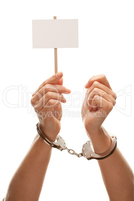 Handcuffed Woman Holding Blank White Sign Isolated on White