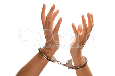 Handcuffed Woman Raising Hands in Air on White