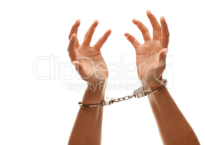 Handcuffed Woman Raising Hands in Air on White