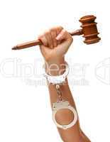 Handcuffed Woman Holding Wooden Gavel on White