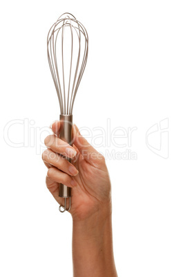 Woman Holding Egg Beater in the Air Isolated on White