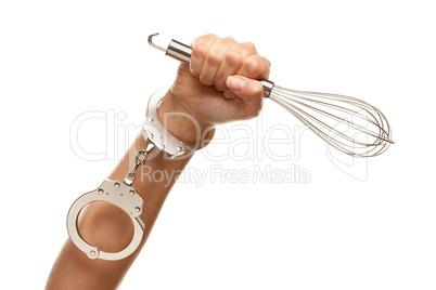 Handcuffed Woman Holding Egg Beater in Air on White