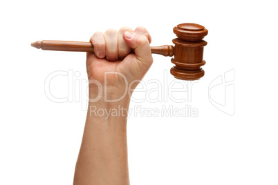 Man Holding Wooden Gavel in Fist on White