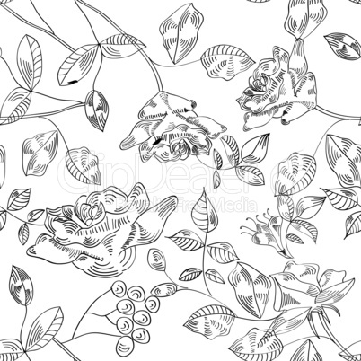 Black and white seamless pattern with rose