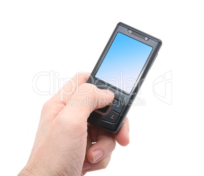 black mobile phone with blue screen in left hand