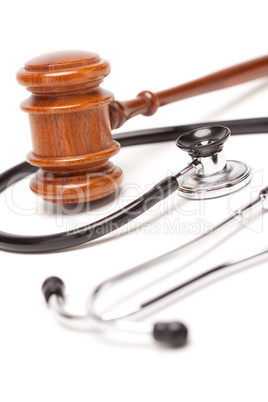 Black Stethoscope and Gavel on White