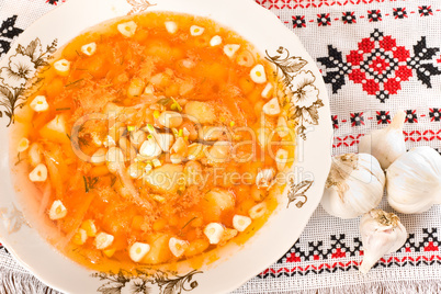 In the restaurant - borsch and garlic heads