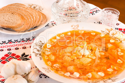 Ukrainian food - borsch, vodka, bread