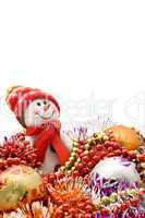 Christmas comes. Cute snowman and decoration balls