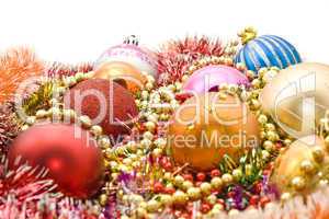 Colorful Christmas decoration - baubles, tinsel, beads