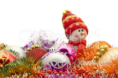 Lovely white snowman and decoration baubles