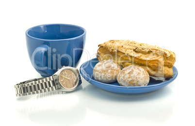 Lunch time - Watch, blue cup, pastry