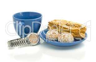 Lunch time - Watch, blue cup, pastry