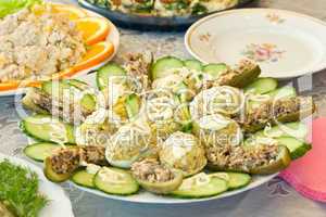 Stuffed eggs and cucumbers. Banquet in the restaurant