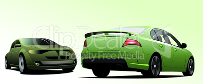 Two green cars sedan on the road. Vector illustration