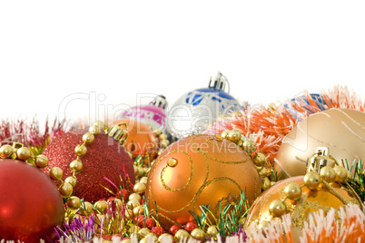 Christmas greeting decoration - colorful baubles and tinsel
