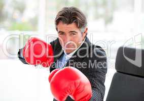 Competitive businessman wearing boxing gloves