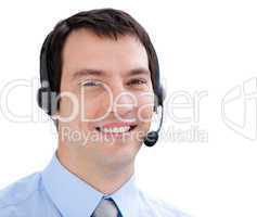 Portrait of an assertive businessman with headset on