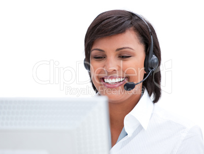 Portrait of a customer service agent working at a computer