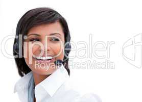 Portrait of a laughing businesswoman with headset on