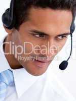 Portrait of a positive businessman with headset on