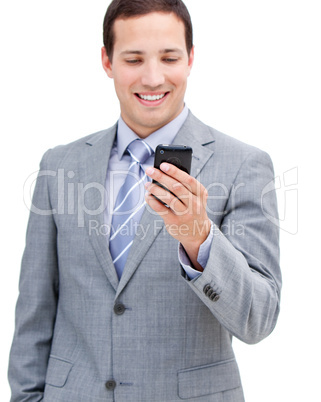 Portrait of a victorious businessman looking at his phone