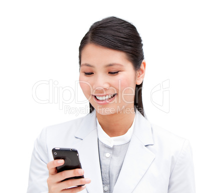 Portrait of a cheerful businesswoman looking at his phone