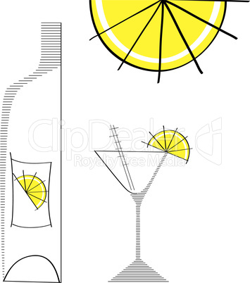 martini glass with bottle and lime