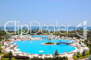 Beach area at popular Mediterranean  hotel, Antalya, Turkey