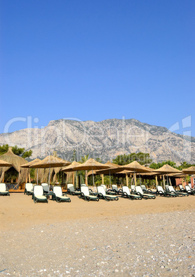 Beach at popular Mediterranean Turkish hotel, Antalya, Turkey