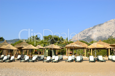 Beach at popular Mediterranean Turkish hotel, Antalya, Turkey