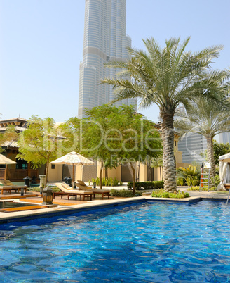 Hotel's swimming pool area in Dubai downtown, UAE