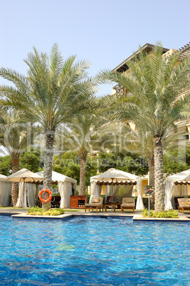 Hotel's swimming pool area in Dubai downtown, UAE