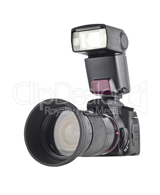 Professional camera with telephoto lens and flash