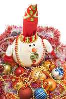 Xmas greetings - Funny white snowman and decoration balls