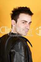 Young man with black leather jacket