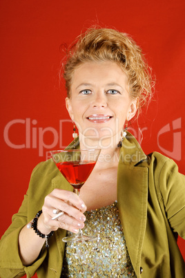 Blond woman with red drink