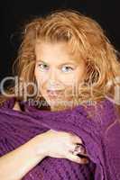 Blond woman with purple scarf