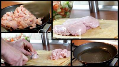 Preparing and frying chicken meat montage